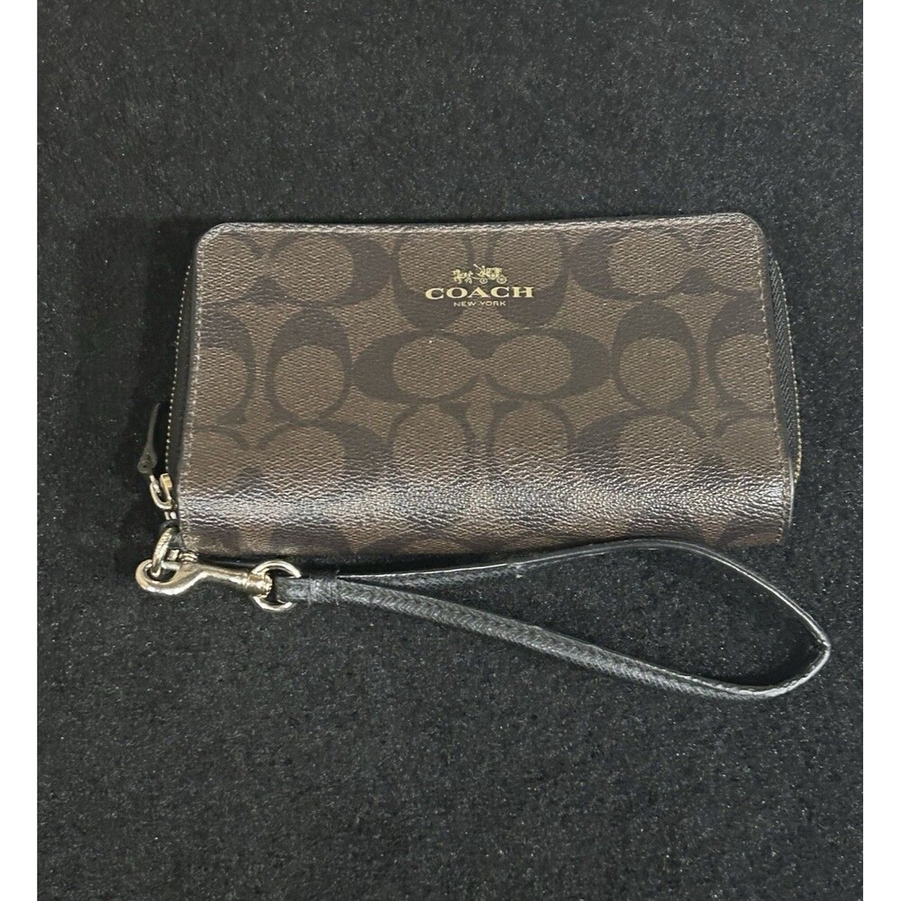 Coach Brown Black Signature PVC Double Zipper Wristlet Wallet F53937 Pre-Owned